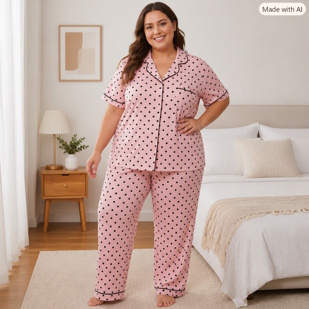 Joyspun Womens 2X Pink Black Polka Dot Pajama Set Short Sleeve Top Pants PJs